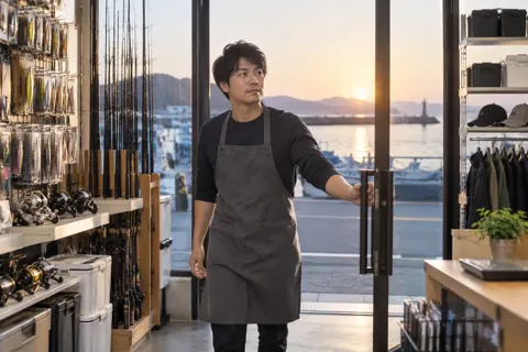 朝早くに店を開ける店員（釣具店・フィッシング用品の写真 No.31）