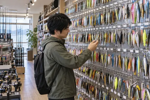 ルアーが壁いっぱいにかかった売り場（釣具店・フィッシング用品の写真 No.36）