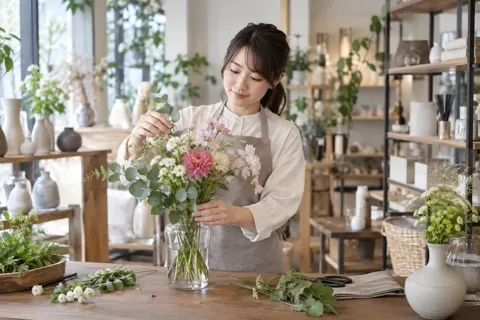 花びんに花をいけてかざる店員（雑貨・インテリア小物の写真 No.27）
