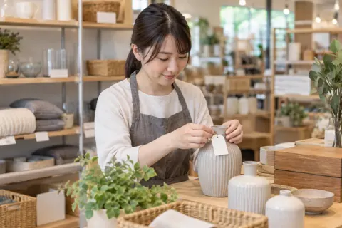 値ふだを品物につける店員（雑貨・インテリア小物の写真 No.30）