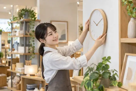 時計を壁にかけて見せる店員（雑貨・インテリア小物の写真 No.37）