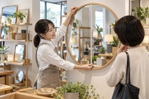 鏡の大きさを測る店員とお客様（雑貨・インテリア小物の写真 No.38）