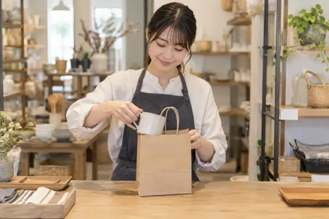 小さな紙ぶくろに品物を入れる店員（雑貨・インテリア小物の写真 No.41）
