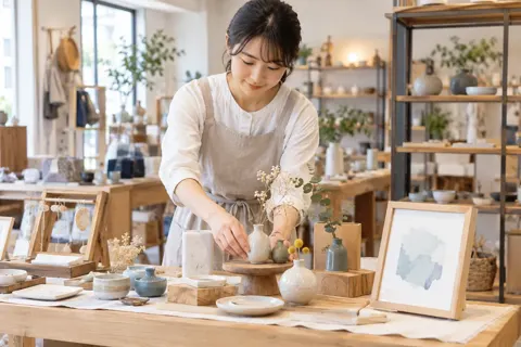 作家の作品を展示するコーナーをととのえる店員（雑貨・インテリア小物の写真 No.42）