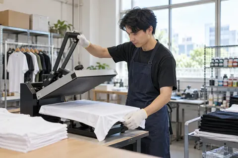 Tシャツに印刷をする機械を操作する技術者（印刷・看板の写真 No.37）