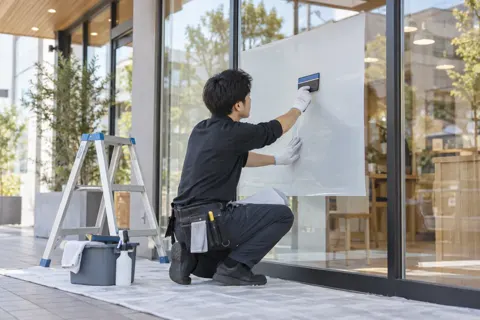 店のガラスにシートをはる職人（印刷・看板の写真 No.48）