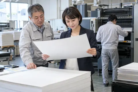 印刷所で刷り上がった紙を確認する編集者（出版・編集・ライターの写真 No.22）