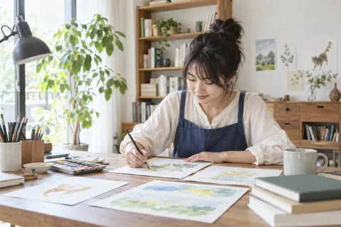 机で本のさし絵をかくイラストレーター（出版・編集・ライターの写真 No.33）