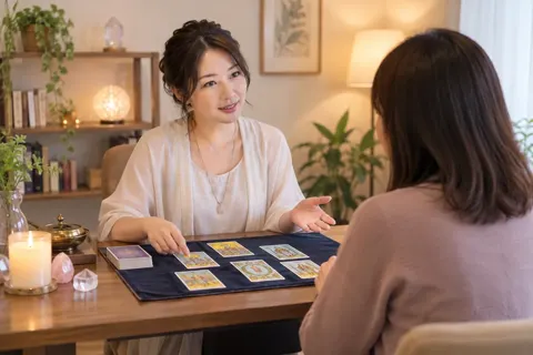 タロットカードを並べて話す占い師（占い・鑑定の写真 No.25）