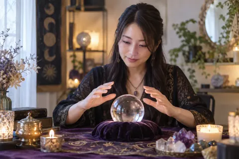 水晶玉に手をかざす占い師（占い・鑑定の写真 No.29）