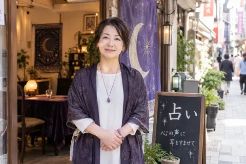 商店街の小さな占いの店の前に立つ占い師（占い・鑑定の写真 No.35）