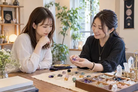 お守りの石を選ぶお客様と占い師（占い・鑑定の写真 No.38）
