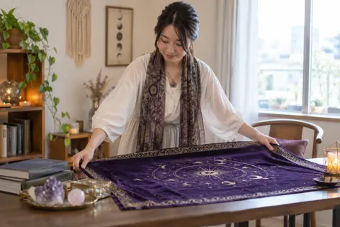 机にクロスを広げて準備をする占い師（占い・鑑定の写真 No.42）