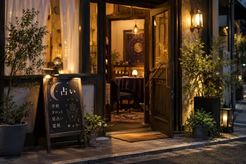 夜に明かりがともる占いの店の入口（占い・鑑定の写真 No.47）