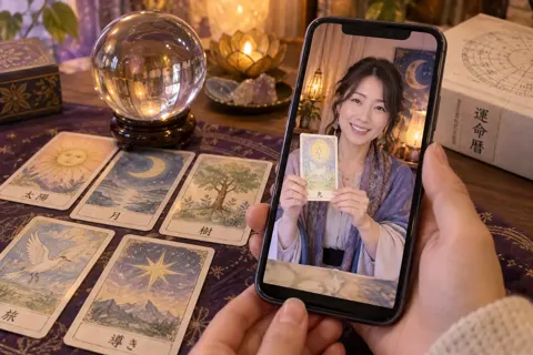 スマホの画面の中で、カードを持ってほほえむ鑑定士（電話占い・オンライン鑑定の写真 No.22）