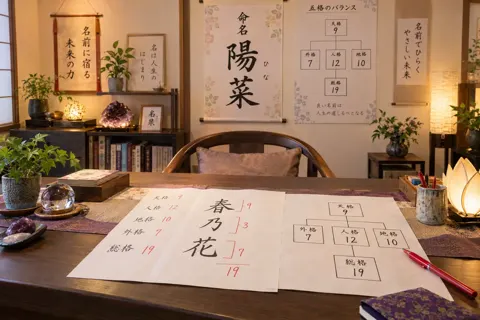 命名書の見本と画数の図をかざった鑑定の部屋の全体（姓名判断の写真 No.24）