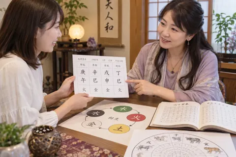 鑑定のあと、表を手に持って話すお客様と占い師（四柱推命・命術の写真 No.20）