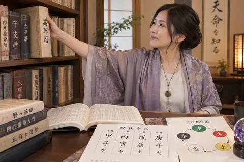 暦の本が何冊も並んだ本棚から1冊を取り出す占い師（四柱推命・命術の写真 No.21）