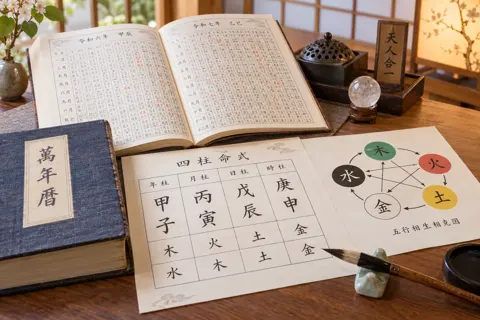 表と暦の本と筆と五つの色の図がならんだ鑑定の机（四柱推命・命術の写真 No.22）