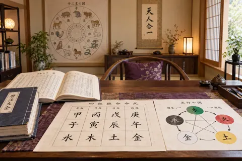 十二支の図と五つの色の図をかざった和の鑑定室の全体（四柱推命・命術の写真 No.23）
