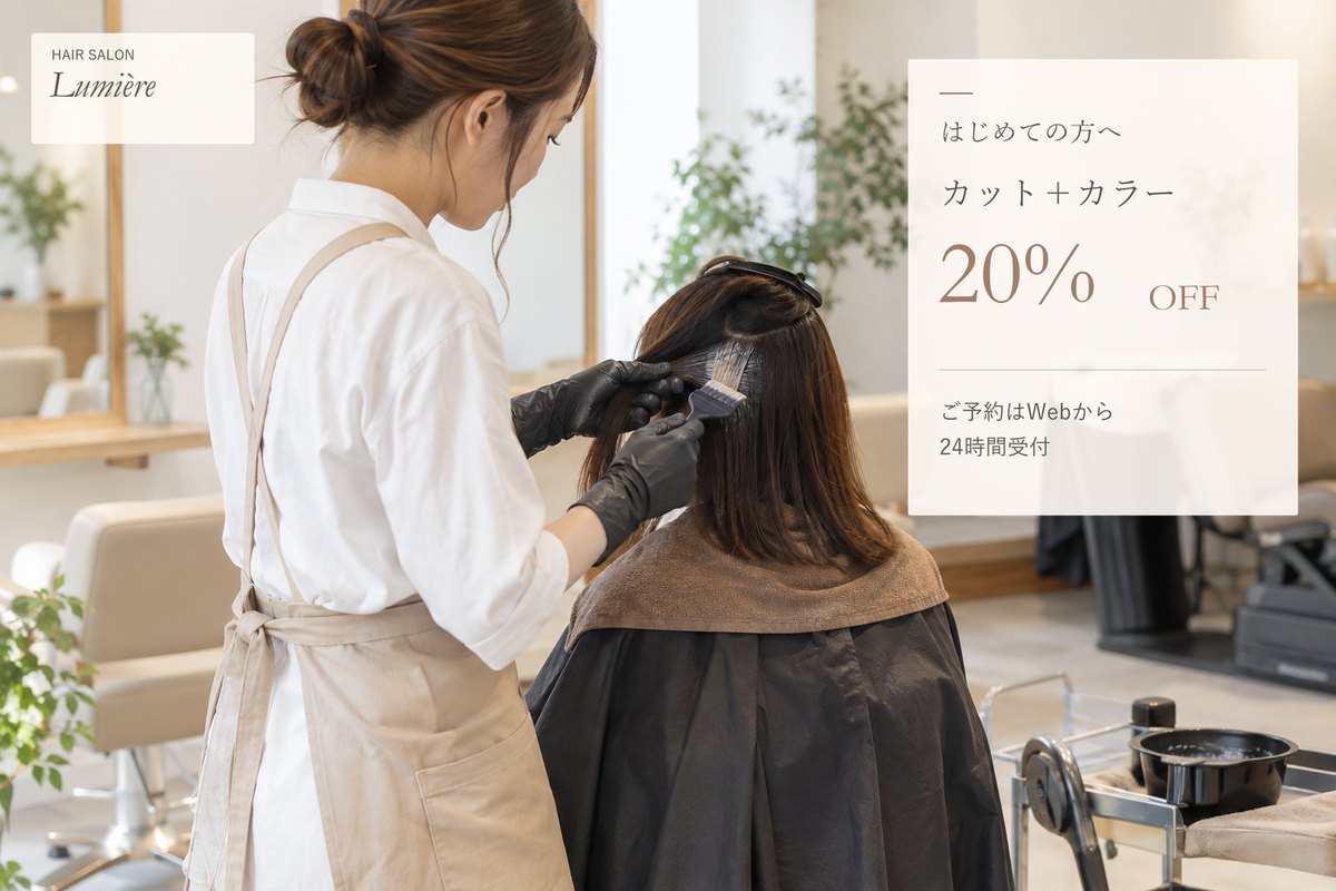 仕上げの例：美容室の写真に、ロゴと「はじめての方へ カット＋カラー 20%OFF」の文章を入れた画像